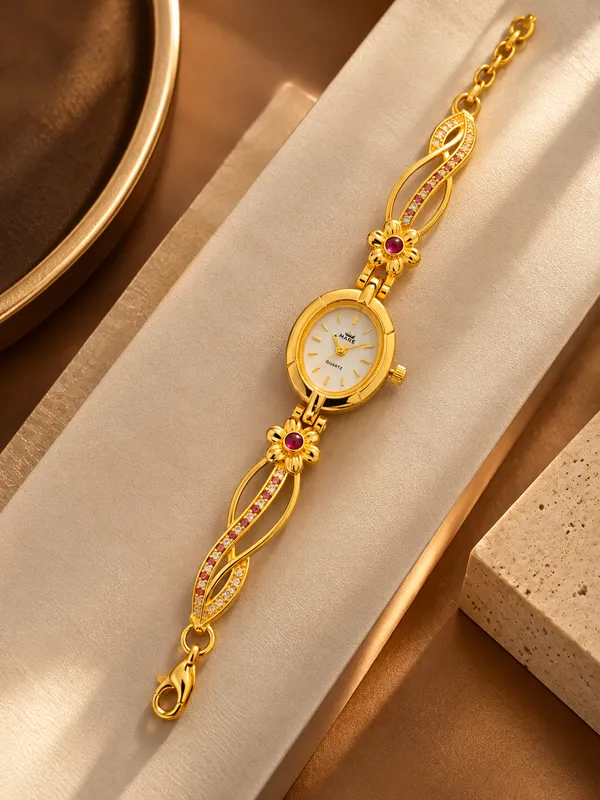 Gold-Tone_Floral_Analog_Bracelet_Watch_For_Women