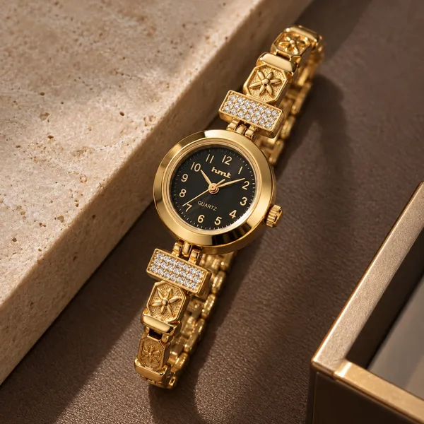 Luxury_Gold-Tone_Women's_Bracelet_Watch_with_Black_Dial_&_Elegant_Crystal-Style_Link_Design