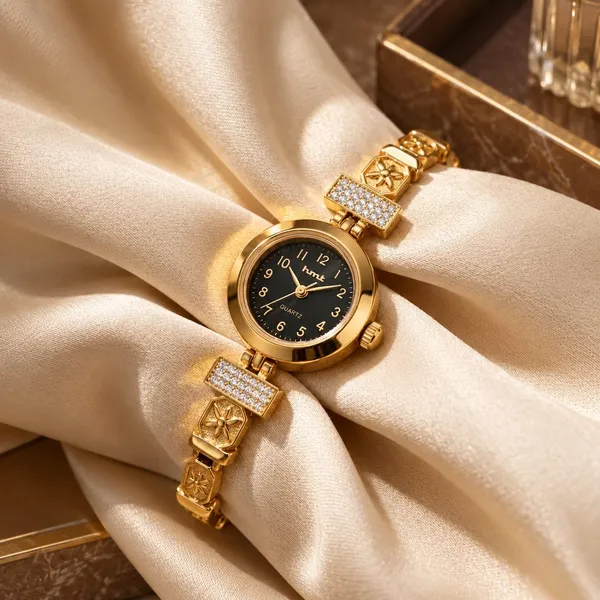 Luxury_Gold-Tone_Women's_Bracelet_Watch_with_Black_Dial_&_Elegant_Crystal-Style_Link_Design