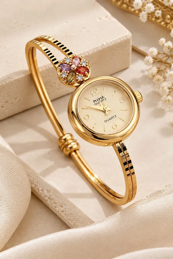 Luxury_Gold-Tone_Women's_Bracelet_Watch_with_Champagne_Dial,_Multicolor_Floral_Embellishment_&_Elegant_Bangle_Strap