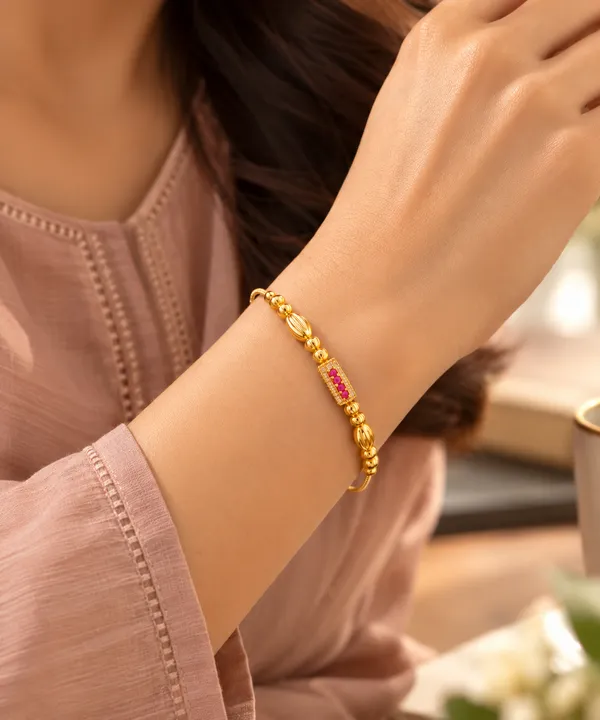 Gold_Tone_Pink_Stone_Beaded_Bracelet_for_Women