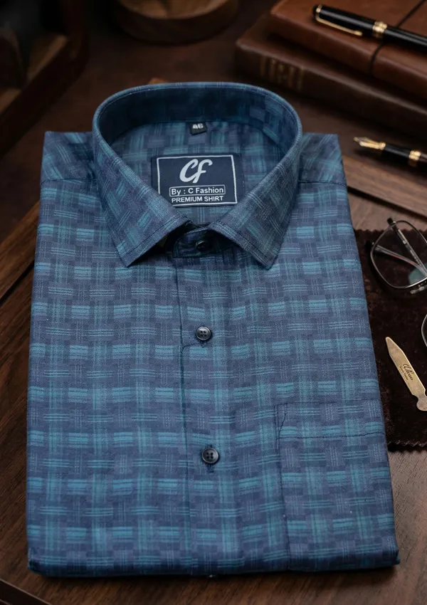 35_Cf_Dobby_Green_Blue_Checks_Slim_Fit_Shirt
