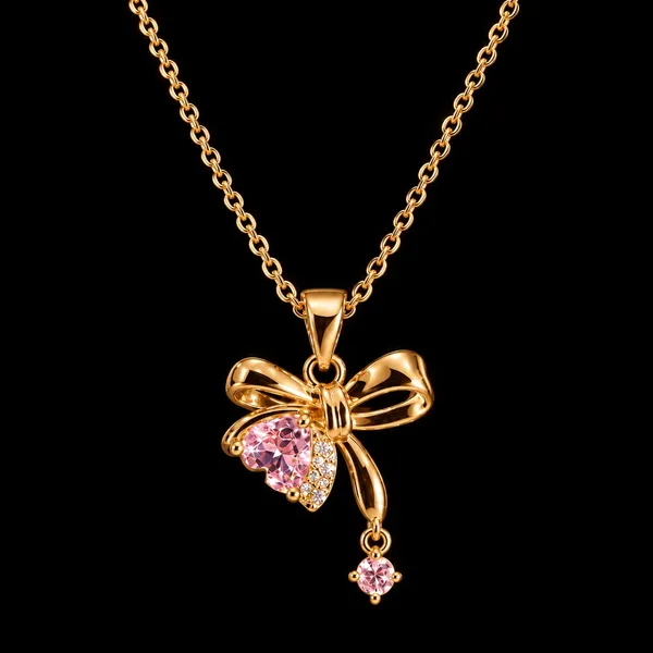 Gold_Stainless_Steel_Bow_Heart_Pendant_Necklace_For_Women
