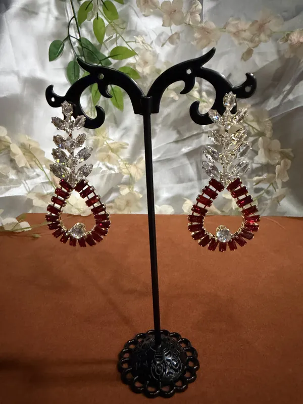 Red_Stainless_Steel_Leaf_Crystal_Drop_Earrings_For_Women