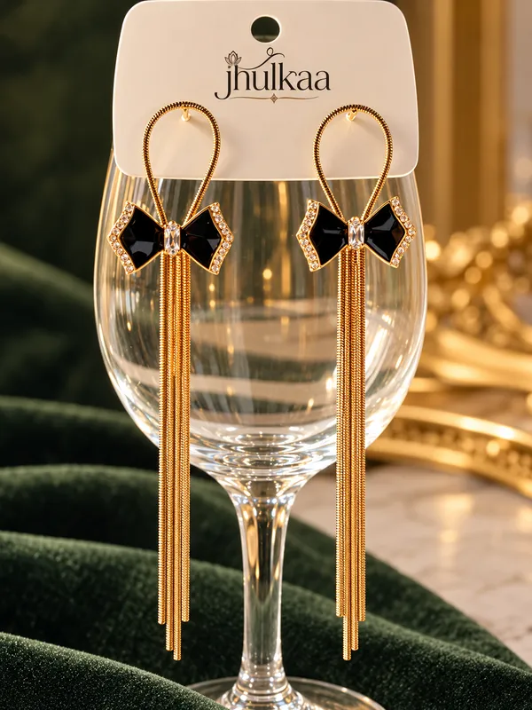 Black_Gold_Bow_Tassel_Drop_Earrings_For_Women