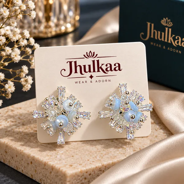 Silver_Floral_Blue_Bead_Stud_Earrings_For_Women