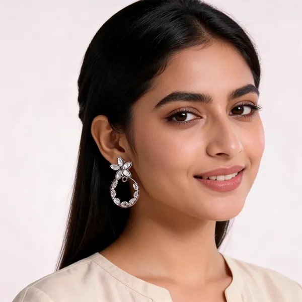 Silver_Stainless_Steel_Floral_Hoop_Crystal_Drop_Earrings_For_Women
