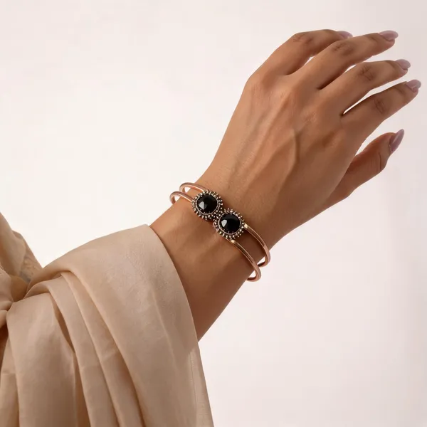 Rose_Gold_Stainless_Steel_Black_Stone_Open_Cuff_Bangle_For_Women