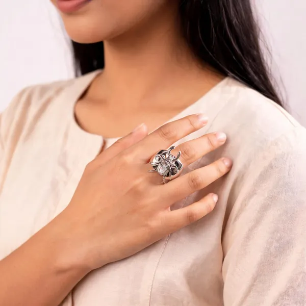 Silver_Stainless_Steel_Beetle_Motif_Statement_Ring_For_Women