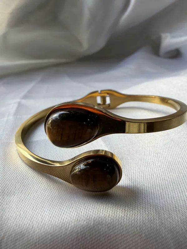 Gold_Stainless_Steel_Brown_Stone_Open_Cuff_Bracelet_For_Women