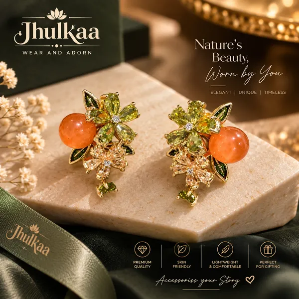 Gold_Green_Floral_Drop_Earrings_For_Women