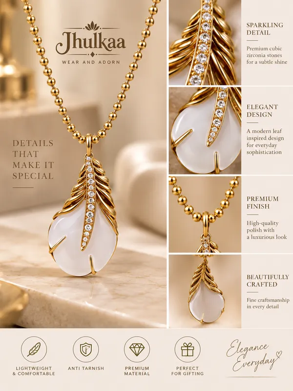 Gold_Stainless_Steel_Beaded_Leaf_Drop_Pendant_Necklace_For_Women