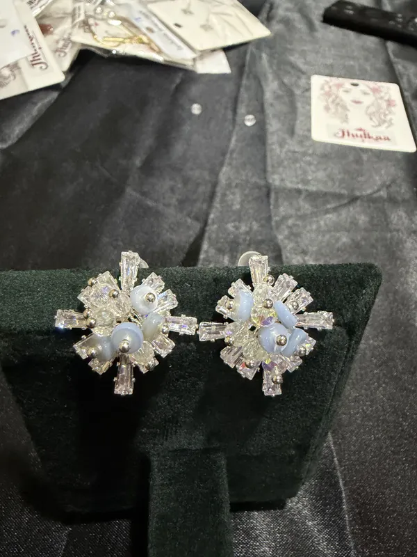 Silver_Floral_Blue_Bead_Stud_Earrings_For_Women