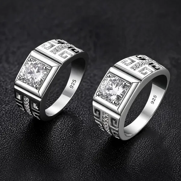 Silver_Stainless_Steel_Greek_Key_Solitaire_Ring_For_Unisex_-_Pack_of_2