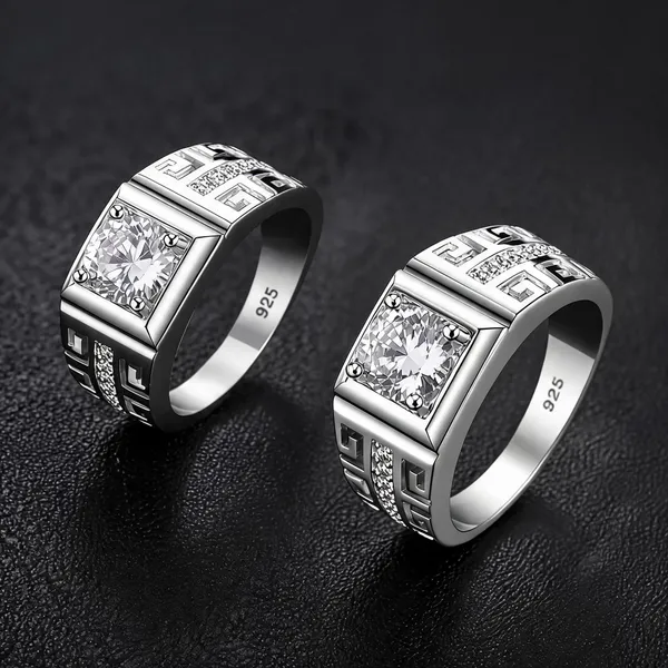 Silver_Stainless_Steel_Greek_Key_Solitaire_Ring_For_Unisex_-_Pack_of_2