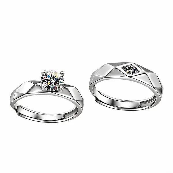 Silver_Stainless_Steel_King_Queen_Solitaire_Ring_For_Unisex_-_Pack_of_2