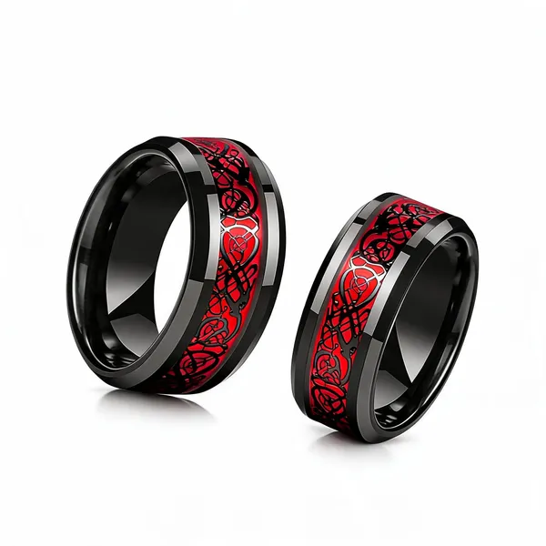 Red_Stainless_Steel_Patterned_Ring_For_Unisex_-_Pack_of_2