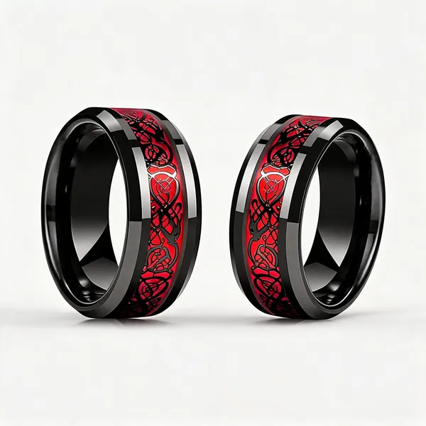Red_Stainless_Steel_Patterned_Ring_For_Unisex_-_Pack_of_2