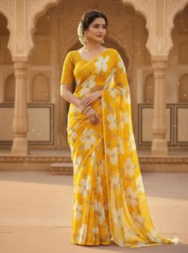 Shrimodheshwari_Floral_Print_Bollywood_Georgette_Saree_Yellow