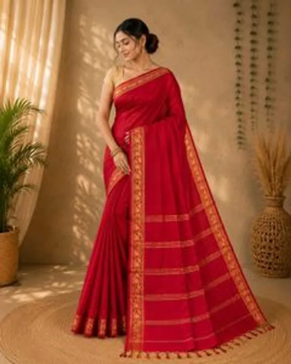Bs_Dresses_Woven_Handloom_Cotton_Blend_Saree_Red