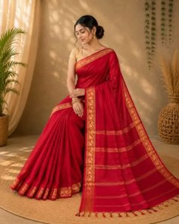 Bs_Dresses_Woven_Handloom_Cotton_Blend_Saree_Red