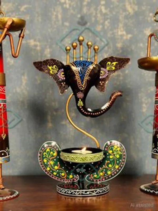 Metal_Multicolor_Ganesha_Musicians_Tealight_Holder_Showpiece