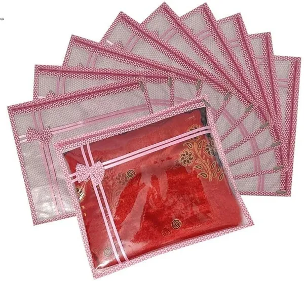 Aspora_Saree_cover_Single_Saree_Cover_Set_of_12_storage_bag_packing_bag_pack_of_12_organizer_Saree_Cover_Bag_with_Transparent_Window_&_Zipper_|_Non-Woven_Organizer_NKD_(Pink)
