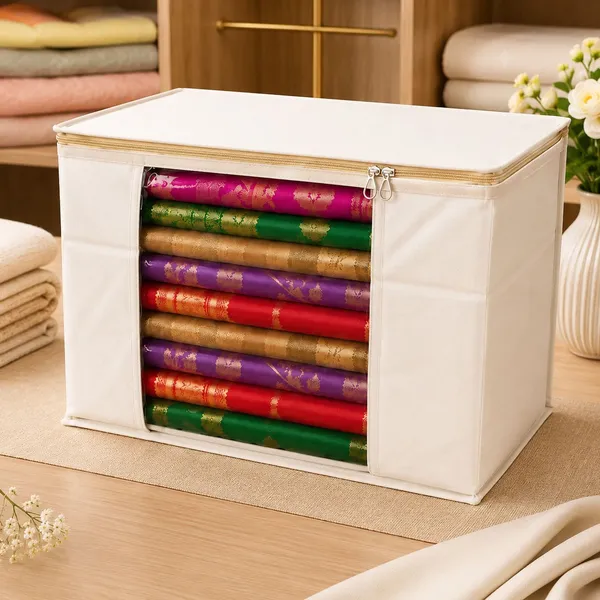 Aspora_Foldable_Clothes_Organizer_for_Wardrobe_Large_Capacity_Blanket,_Quilt_&_Garment_Storage_Bag_|_Beige_Premium_Non-Woven_Saree_Storage_Box_with_Transparent_Window_(Beige)