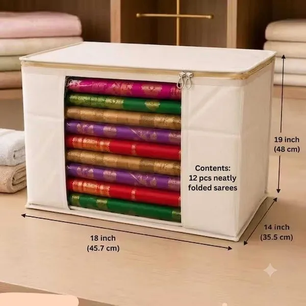 Aspora_Foldable_Clothes_Organizer_for_Wardrobe_Large_Capacity_Blanket,_Quilt_&_Garment_Storage_Bag_|_Beige_Premium_Non-Woven_Saree_Storage_Box_with_Transparent_Window_(Beige)