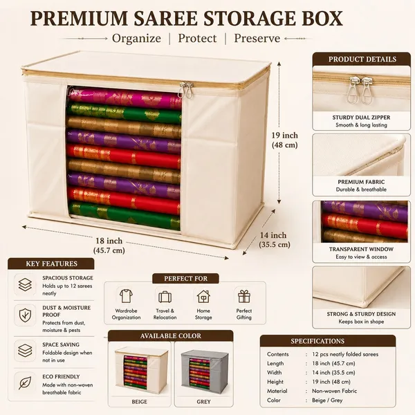 Aspora_Foldable_Clothes_Organizer_for_Wardrobe_Large_Capacity_Blanket,_Quilt_&_Garment_Storage_Bag_|_Beige_Premium_Non-Woven_Saree_Storage_Box_with_Transparent_Window_(Beige)