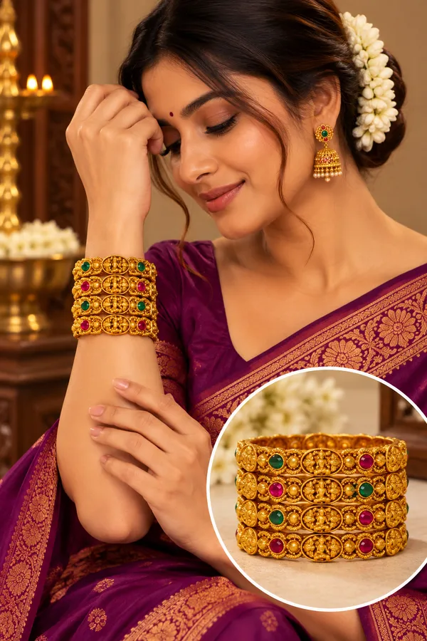 Traditional_Gold-Plated_Temple_Jewellery_Bangles_for_Women_|_Antique_Finish_Lakshmi_Design_Kada_Set_with_Red_&_Green_Stone_Embellishments_|_Festive_Wear