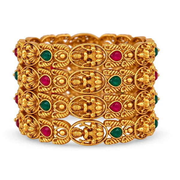 Traditional_Gold-Plated_Temple_Jewellery_Bangles_for_Women_|_Antique_Finish_Lakshmi_Design_Kada_Set_with_Red_&_Green_Stone_Embellishments_|_Festive_Wear