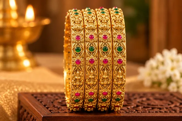 Traditional_Gold-Plated_Temple_Jewellery_Bangles_for_Women_|_Antique_Finish_Lakshmi_Design_Kada_Set_with_Red_&_Green_Stone_Embellishments_|_Festive_Wear