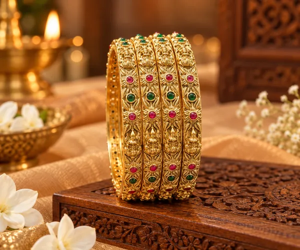 Traditional_Gold-Plated_Temple_Jewellery_Bangles_for_Women_|_Antique_Finish_Lakshmi_Design_Kada_Set_with_Red_&_Green_Stone_Embellishments_|_Festive_Wear
