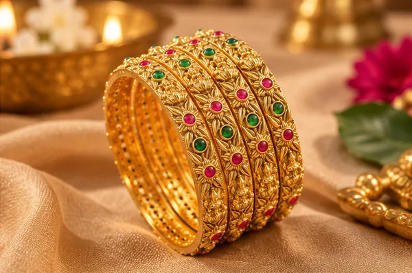 Traditional_Gold-Plated_Temple_Jewellery_Bangles_for_Women_|_Antique_Finish_Lakshmi_Design_Kada_Set_with_Red_&_Green_Stone_Embellishments_|_Festive_Wear