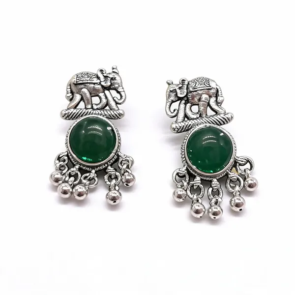 Silver_&_Green_Stone_Metal_Elephant_Drop_Earrings_For_Women