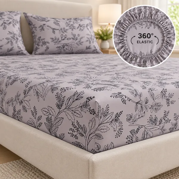 Grey_Floral_Print_Fitted_Bedsheet
