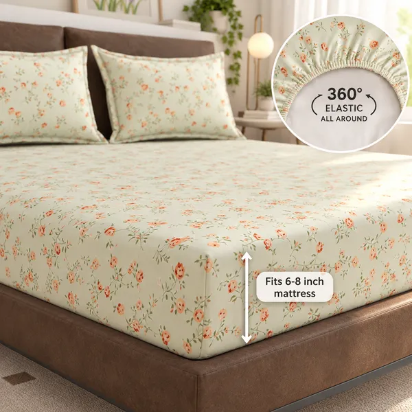 Light_Green_Floral_Print_Fitted_Bedsheet_Set