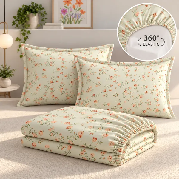 Light_Green_Floral_Print_Fitted_Bedsheet_Set