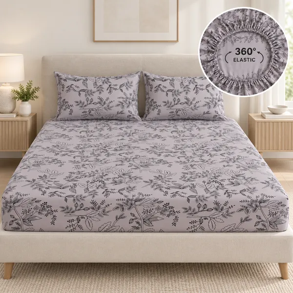 Grey_Floral_Print_Fitted_Bedsheet