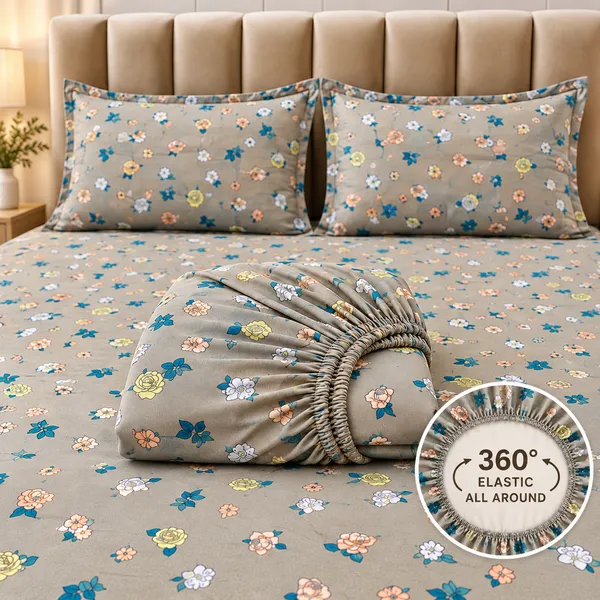 Grey_Floral_Print_Elastic_Fitted_Bedsheet