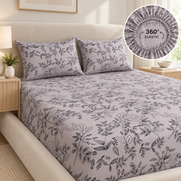 Grey_Floral_Print_Fitted_Bedsheet