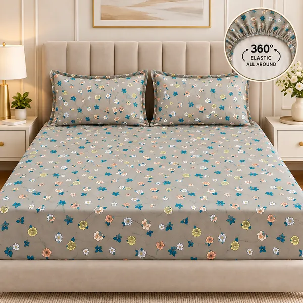 Grey_Floral_Print_Elastic_Fitted_Bedsheet