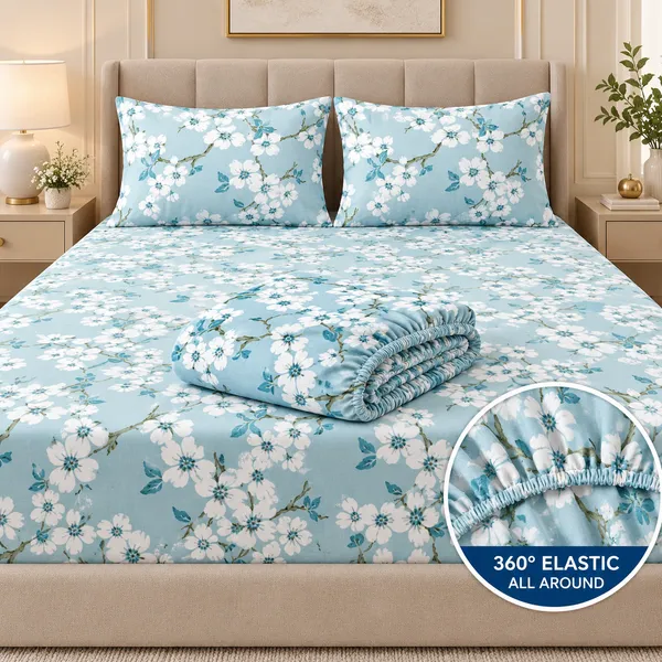 Blue_Floral_Print_Elastic_Fitted_Bedsheet