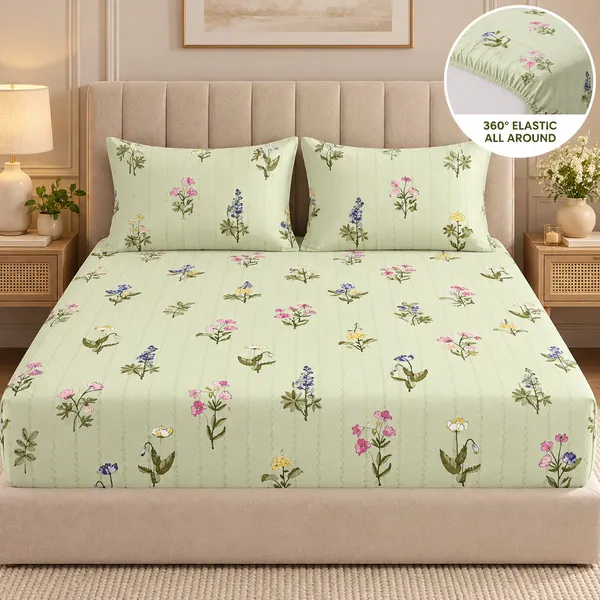 Green_Floral_Print_Elastic_Fitted_Bedsheet_Set