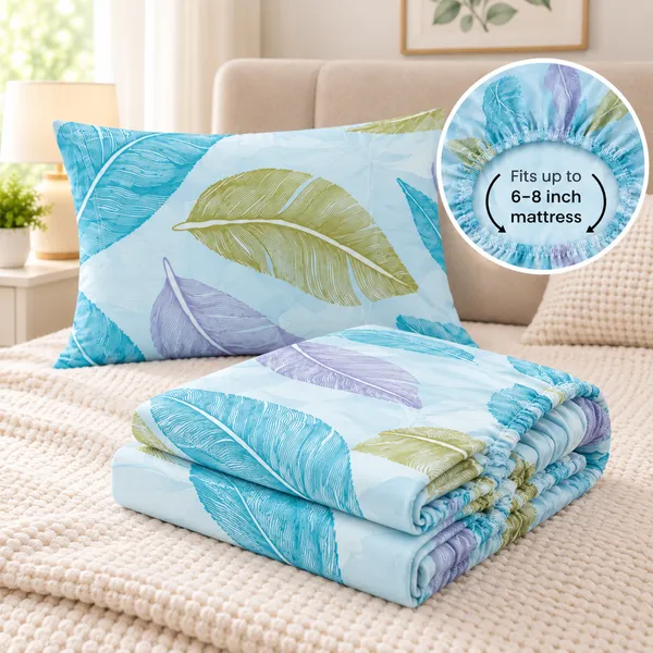 Aqua_Leaf_|_Single_Bed_Fitted_Bedsheet_+_1_Pillow_Cover_|_360°_Elastic