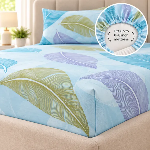 Aqua_Leaf_|_Single_Bed_Fitted_Bedsheet_+_1_Pillow_Cover_|_360°_Elastic