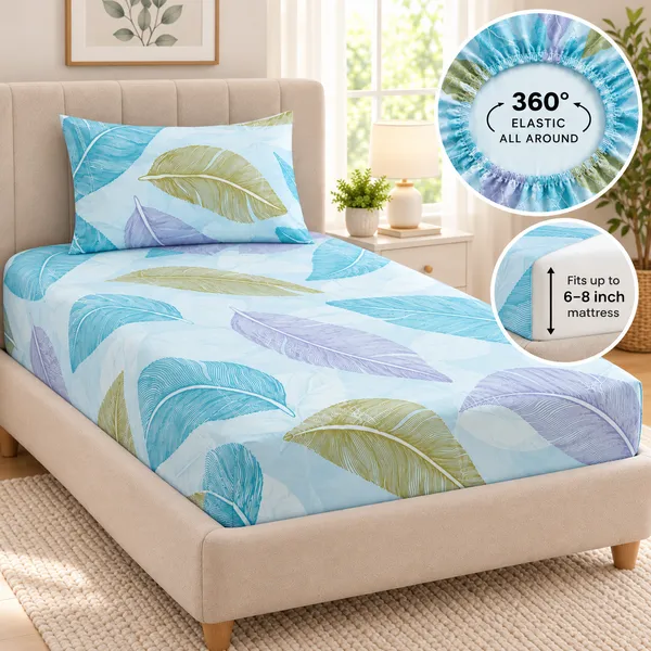 Aqua_Leaf_|_Single_Bed_Fitted_Bedsheet_+_1_Pillow_Cover_|_360°_Elastic