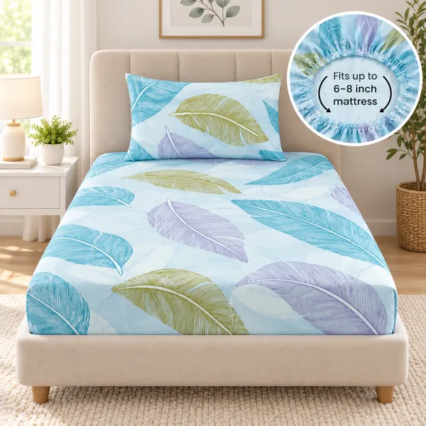 Aqua_Leaf_|_Single_Bed_Fitted_Bedsheet_+_1_Pillow_Cover_|_360°_Elastic