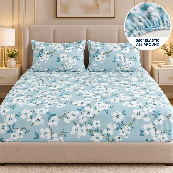 Blue_Floral_Print_Elastic_Fitted_Bedsheet